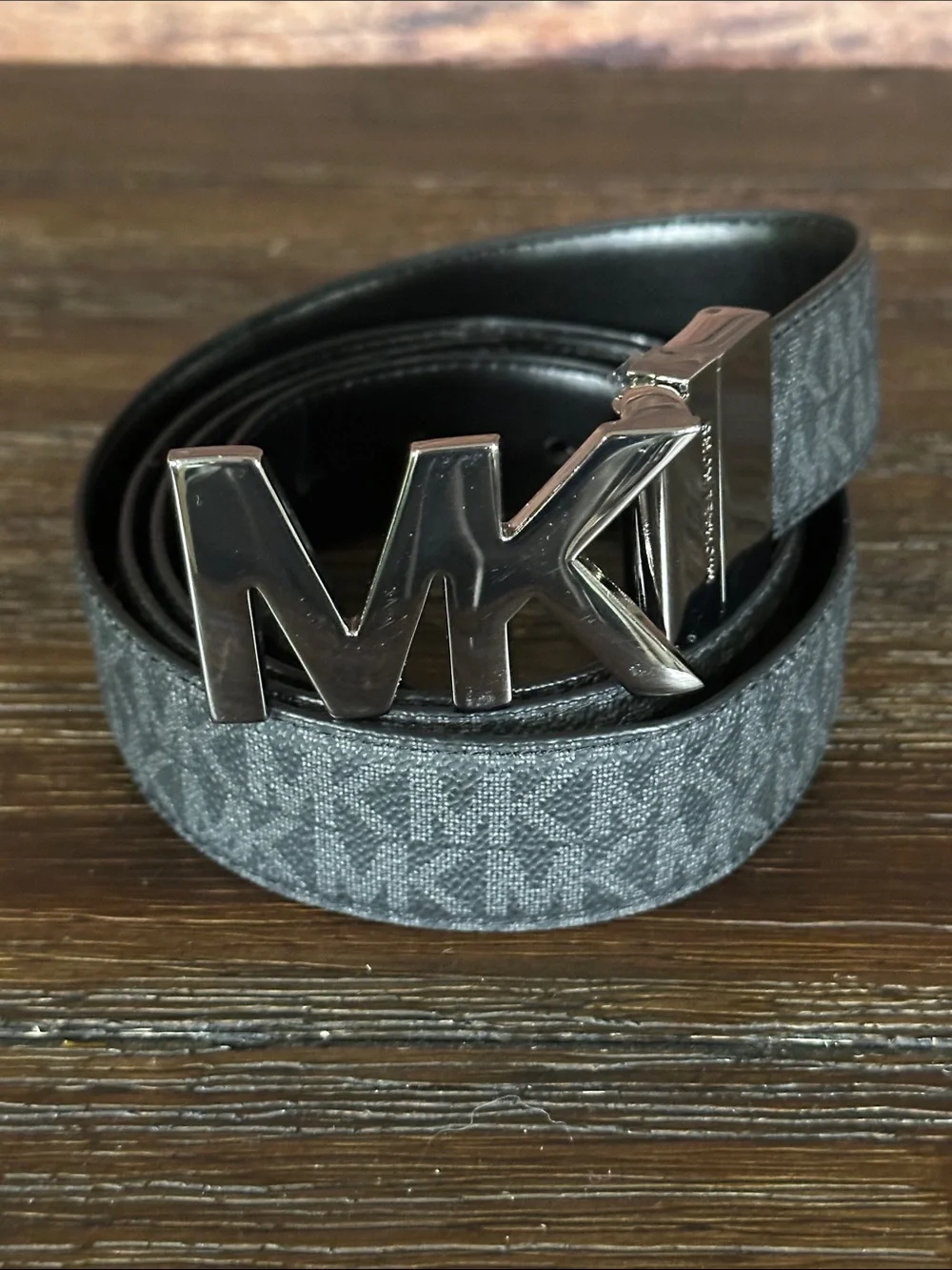 Michael Kors reversible Gray and Black Monogram Belt with Gunmetal MK Buckle
